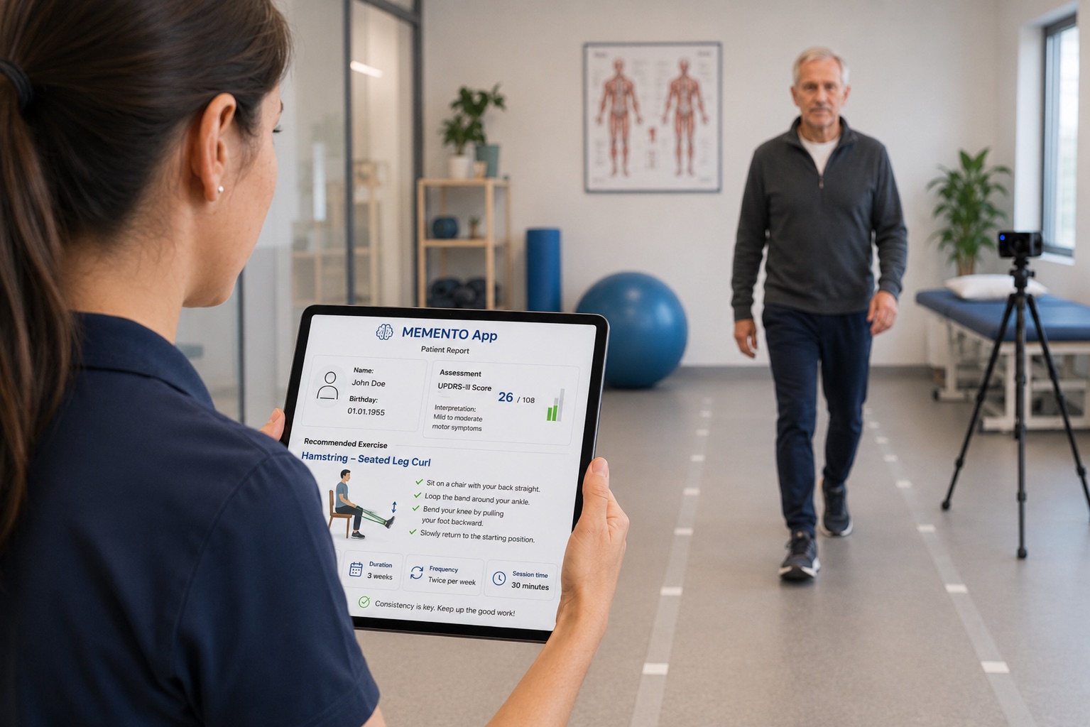A physiotherapist reviews the MEMENTO patient report on a tablet while an older patient walks a marked gait path.