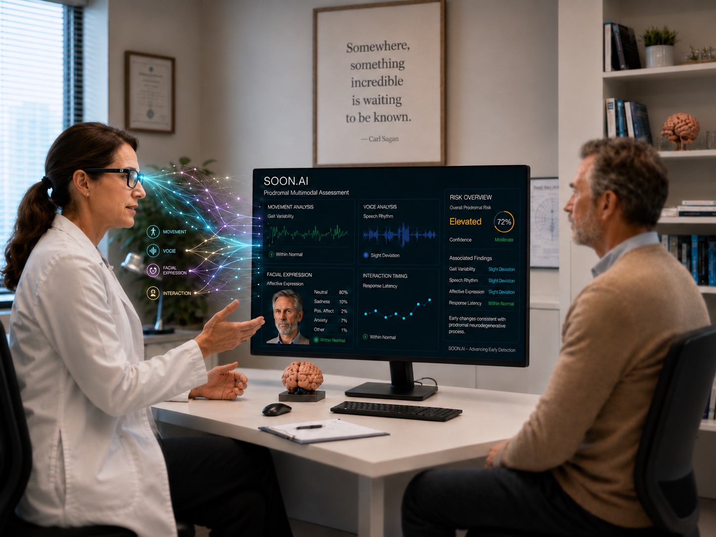 A clinician discusses the SOON.AI multimodal assessment dashboard with a patient in a consulting room.